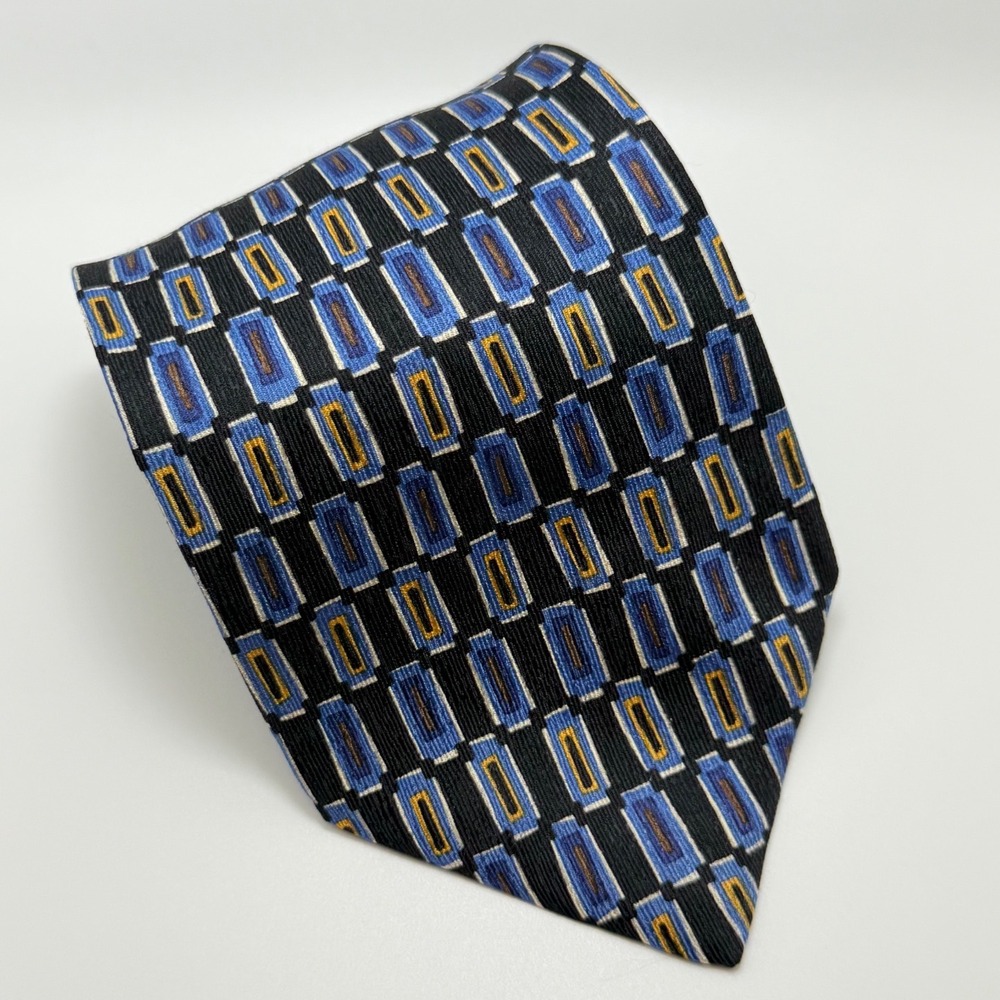 Stefano Milano Silk Tie 4" Blue Gold Geometric Italian Handmade Retro Luxury